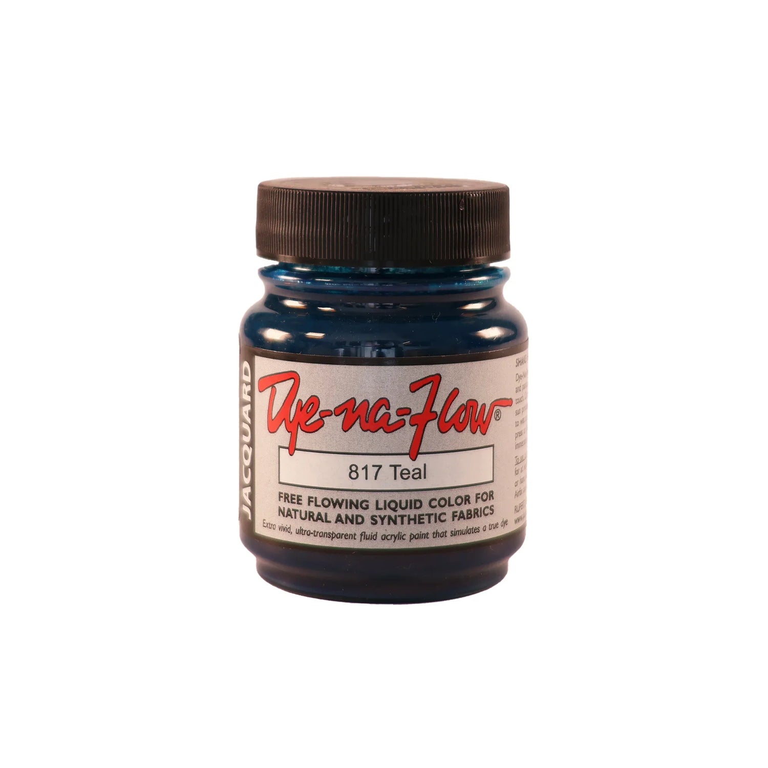 A jar of Jacquard Dye-Na-Flow fabric liquid paint in 817 Teal colour, intended for use on natural and synthetic fabrics
