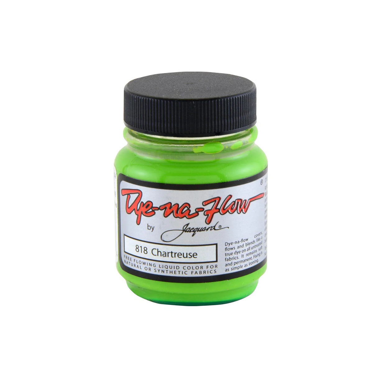 A jar of Jacquard Dye-Na-Flow fabric liquid paint in 818 Chartreuse colour, intended for use on natural and synthetic fabrics