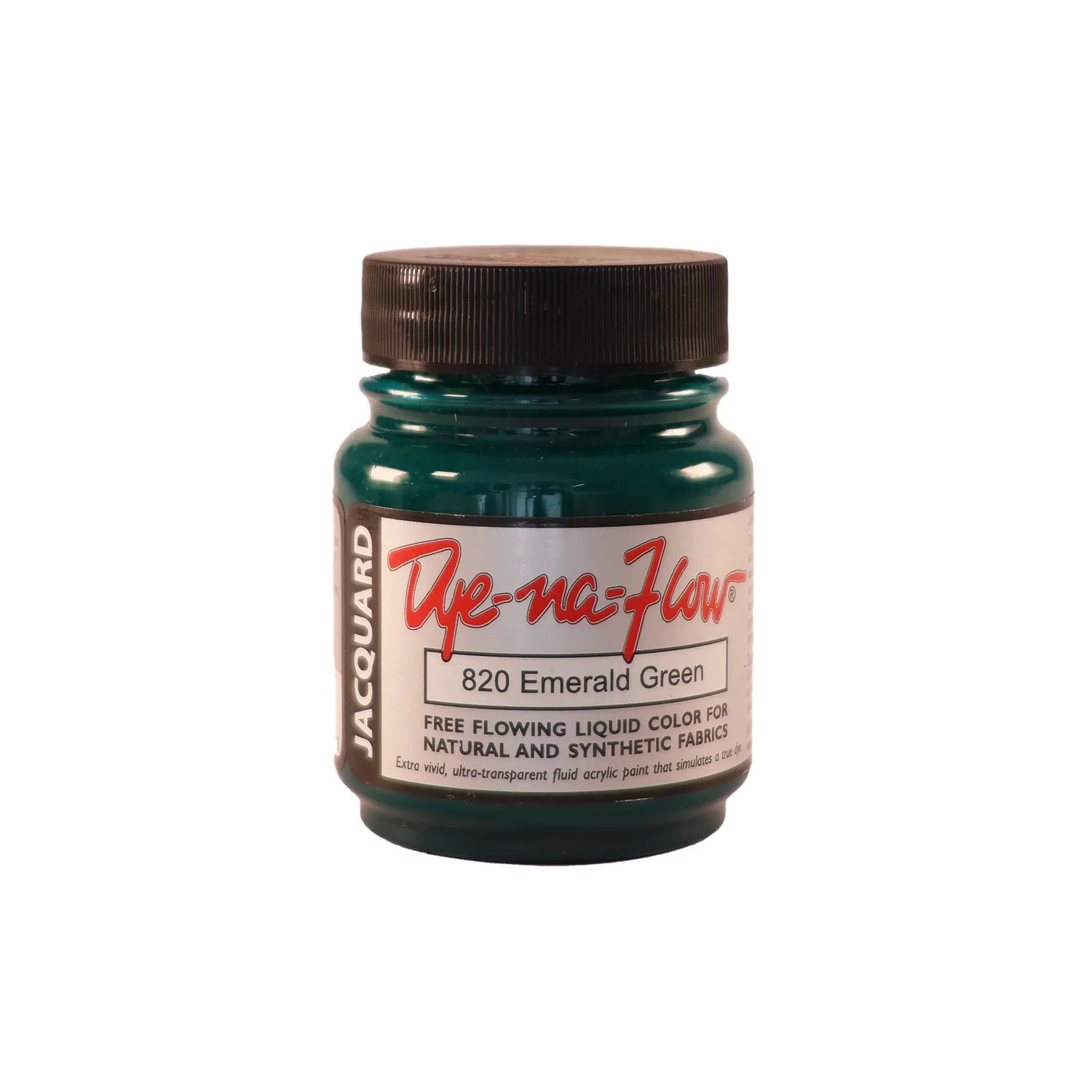 A jar of Jacquard Dye-Na-Flow fabric liquid paint in 820 Emerald Green colour, intended for use on natural and synthetic fabrics