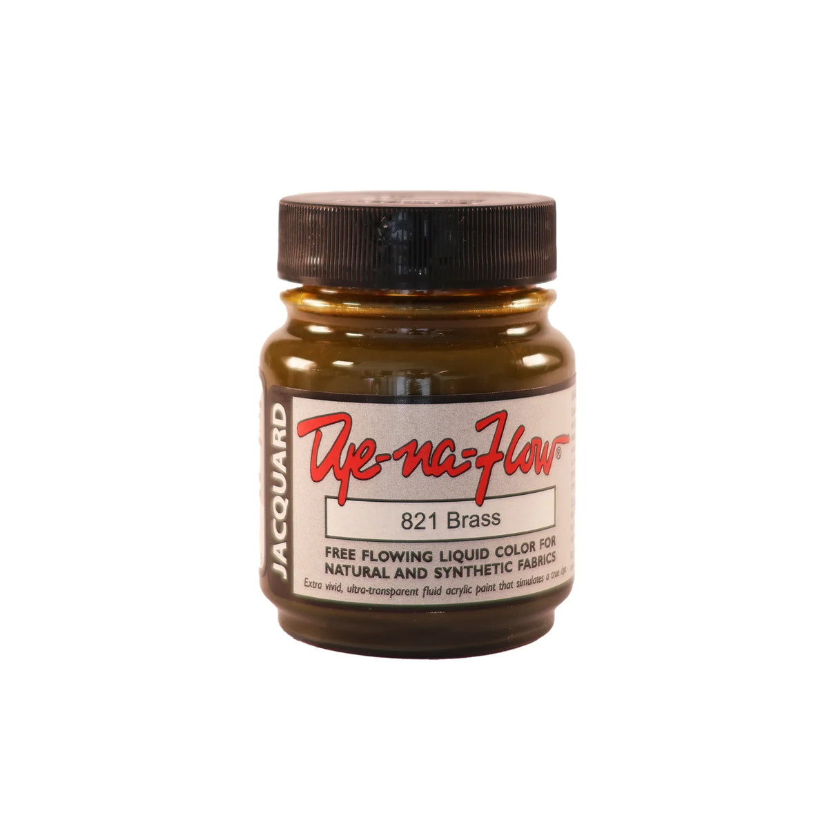 A jar of Jacquard Dye-Na-Flow fabric liquid paint in 821 Brass colour, intended for use on natural and synthetic fabrics