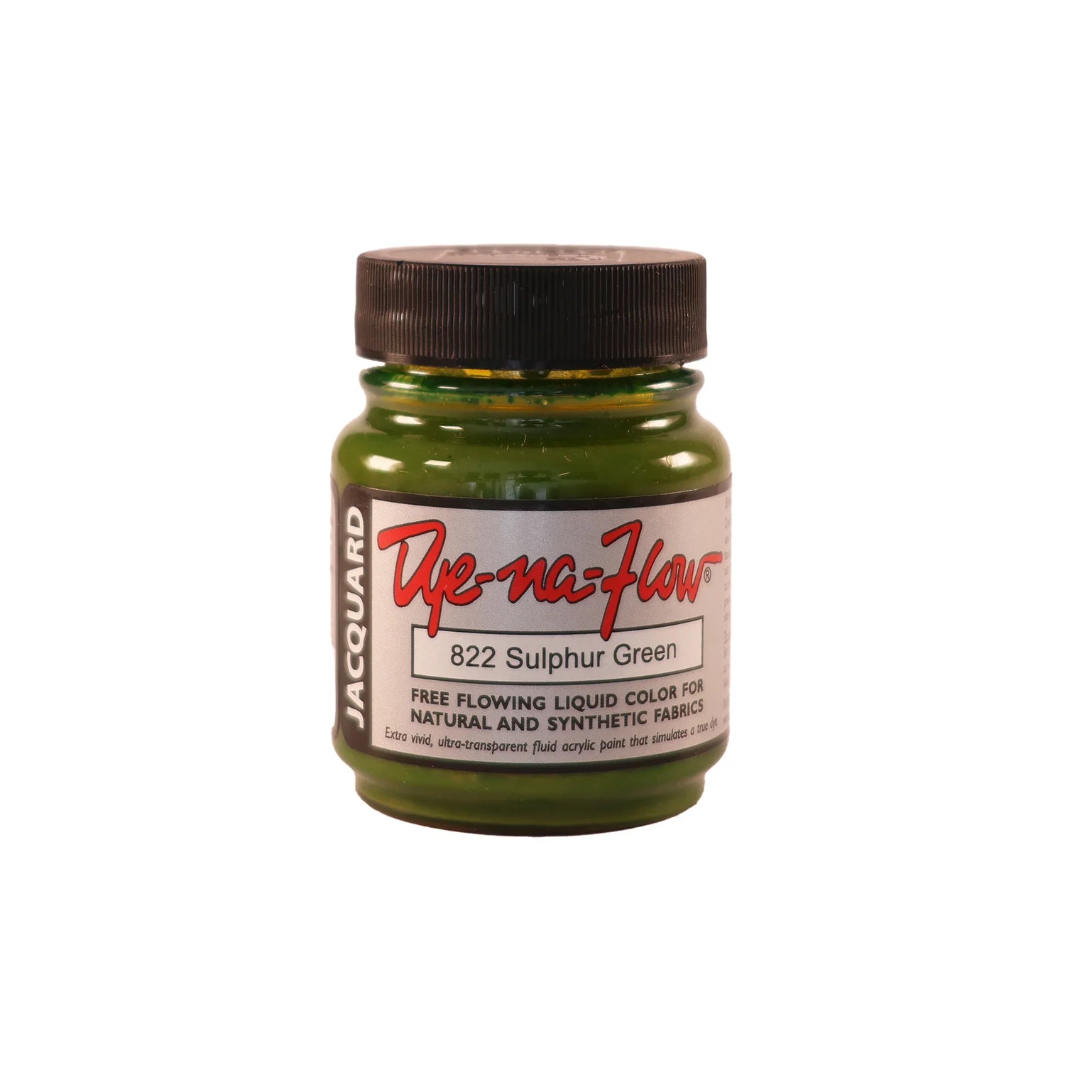A jar of Jacquard Dye-Na-Flow fabric liquid paint in 822 Sulphur Green colour, intended for use on natural and synthetic fabrics
