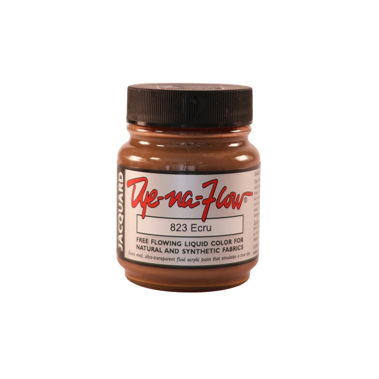 A jar of Jacquard Dye-Na-Flow fabric liquid paint in 823 Ecru colour, intended for use on natural and synthetic fabrics