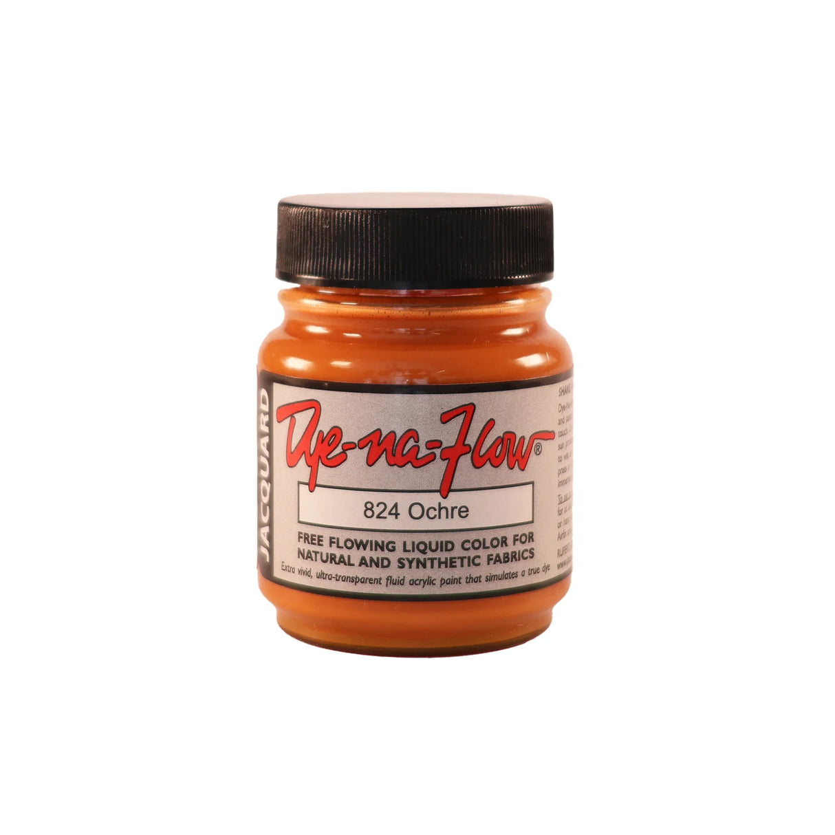 A jar of Jacquard Dye-Na-Flow fabric liquid paint in 824 Ochre colour, intended for use on natural and synthetic fabrics