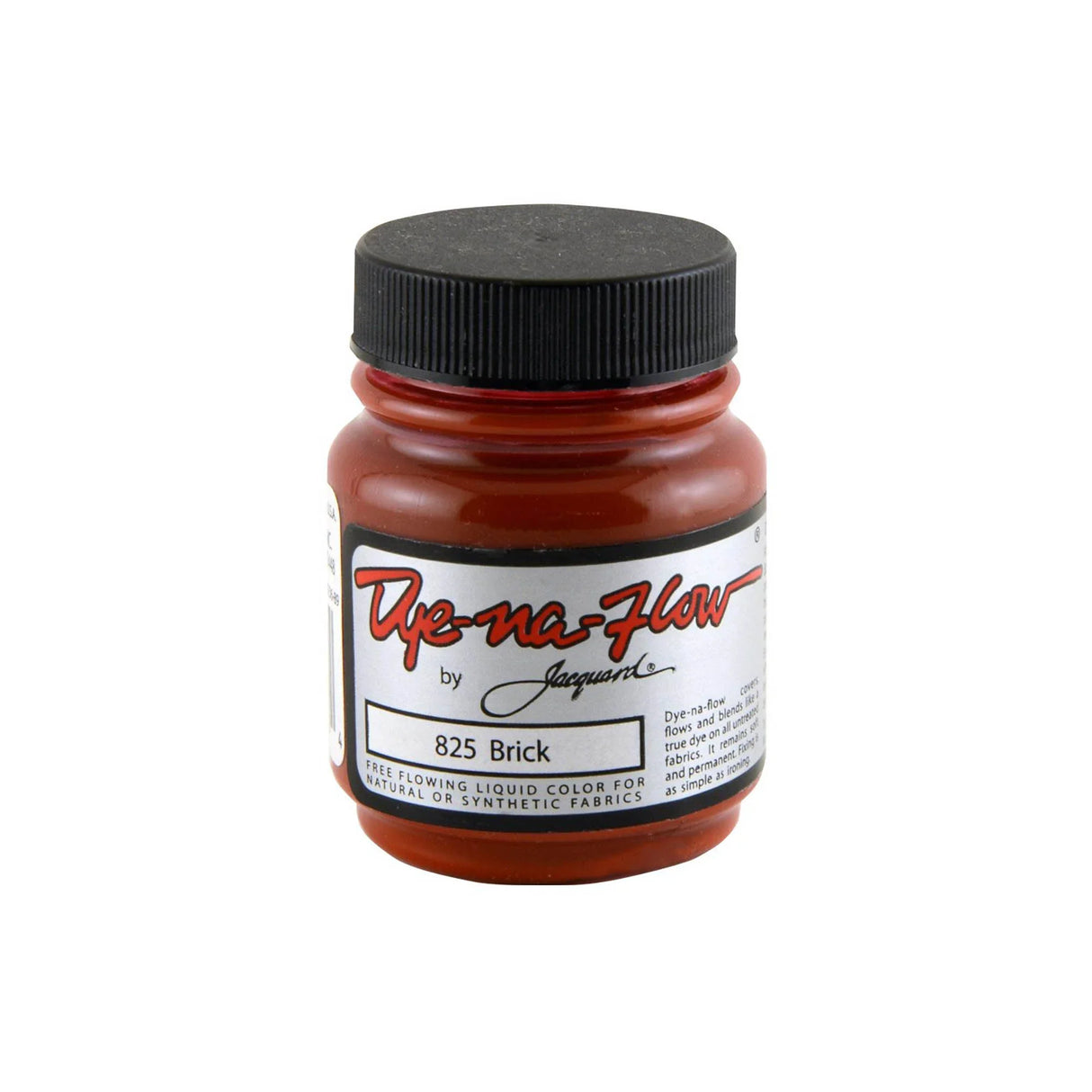 A jar of Jacquard Dye-Na-Flow fabric liquid paint in 825 Brick colour, intended for use on natural and synthetic fabrics