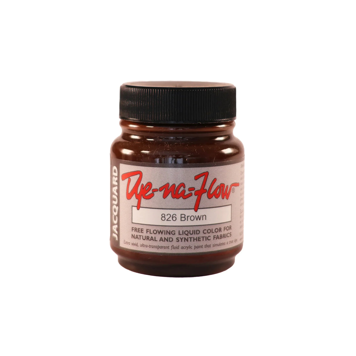 A jar of Jacquard Dye-Na-Flow fabric liquid paint in 826 Brown colour, intended for use on natural and synthetic fabrics