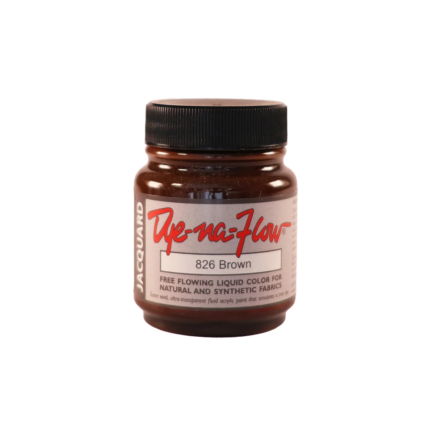 A jar of Jacquard Dye-Na-Flow fabric liquid paint in 826 Brown colour, intended for use on natural and synthetic fabrics