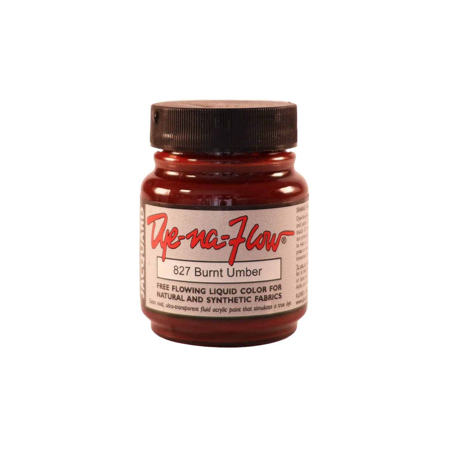 A jar of Jacquard Dye-Na-Flow fabric liquid paint in 827 Burnt  Umber colour, intended for use on natural and synthetic fabrics