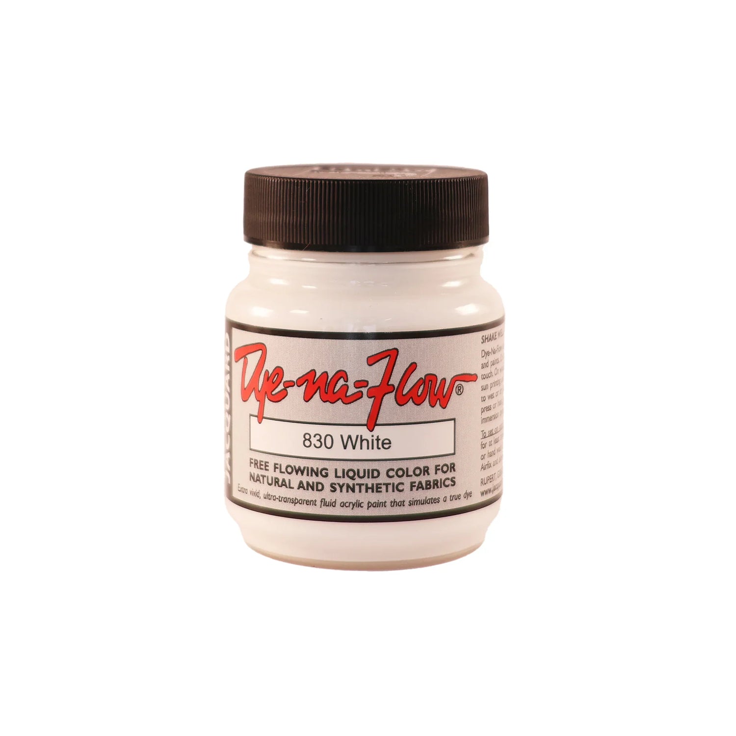 A jar of Jacquard Dye-Na-Flow fabric liquid paint in 830 white colour, intended for use on natural and synthetic fabrics