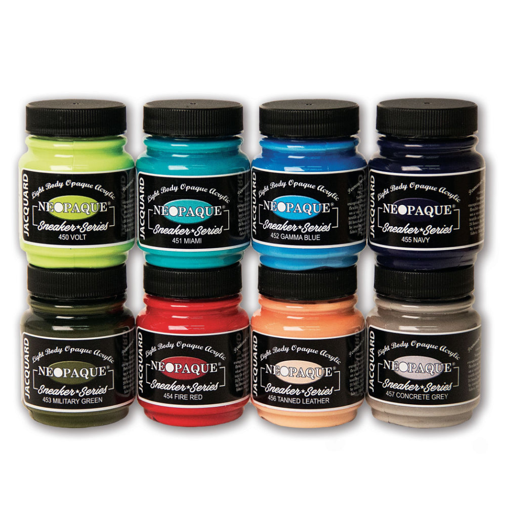 Eight jars of Neopaque Sneaker Series acrylic fabric paint in assorted colors, arranged in two rows of four on a white background.