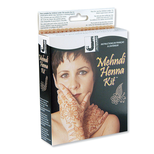 Packaging of Jacquard Mehndi Henna Kit featuring the product name and an image of a person with henna designs on their hands, with instructions and supplies listed on the box.