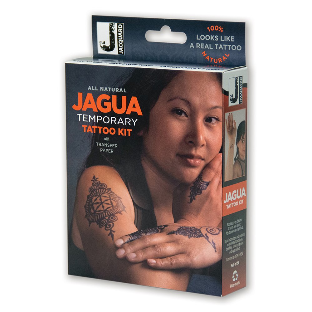Packaging of Jagua Temporary Tattoo Kit showing the product name, an image of a person with a jagua tattoo, and the kit contents.