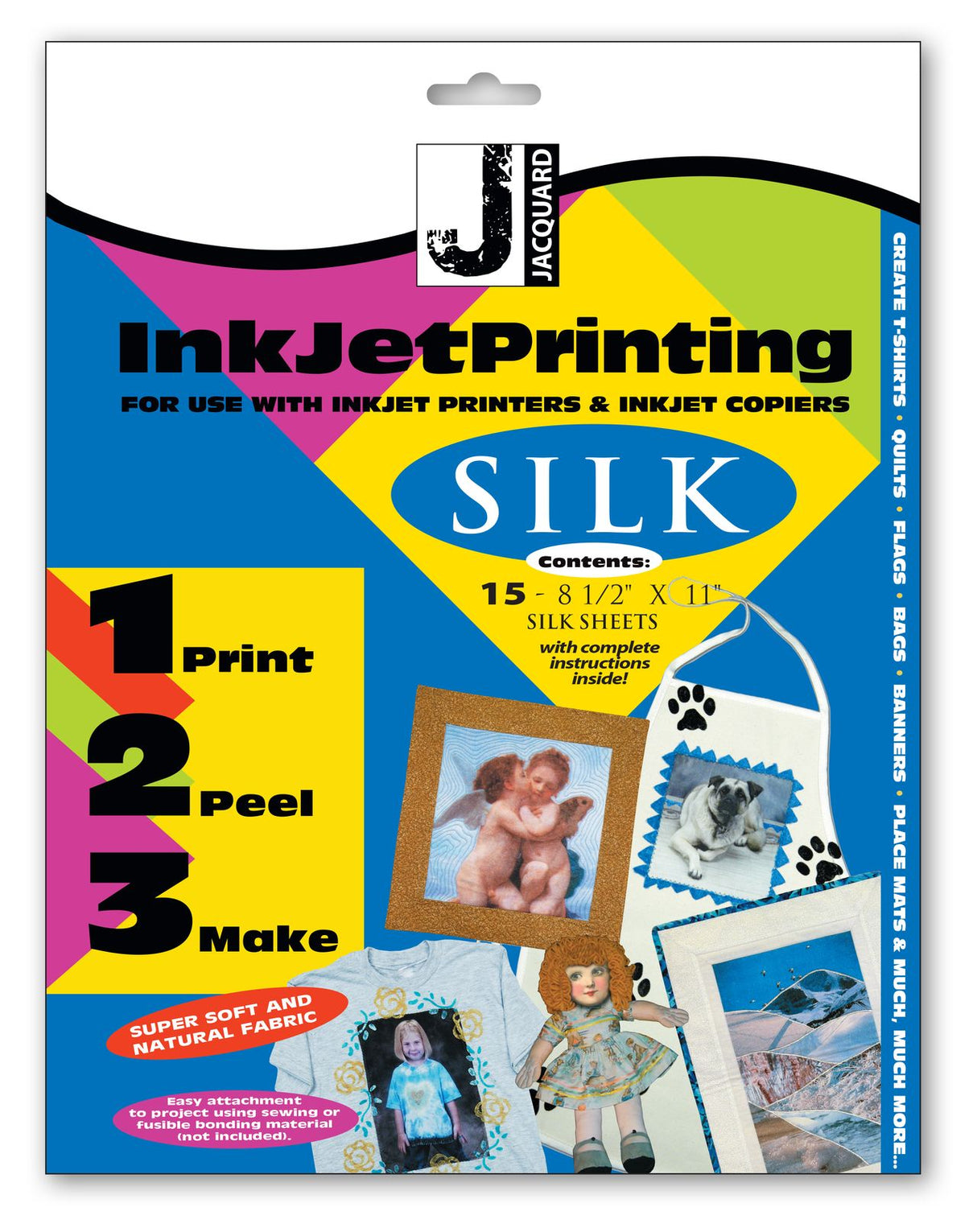Package of Silk printing sheets for inkjet printers with colorful design and product details.
