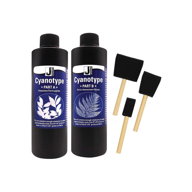 Two bottles of Cyanotype solution with foam brushes on a white background