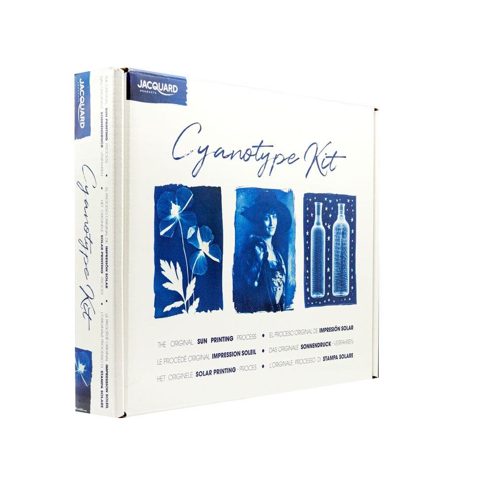 Jacquard Cyanotype Kit packaging with images of cyanotypes on a white background