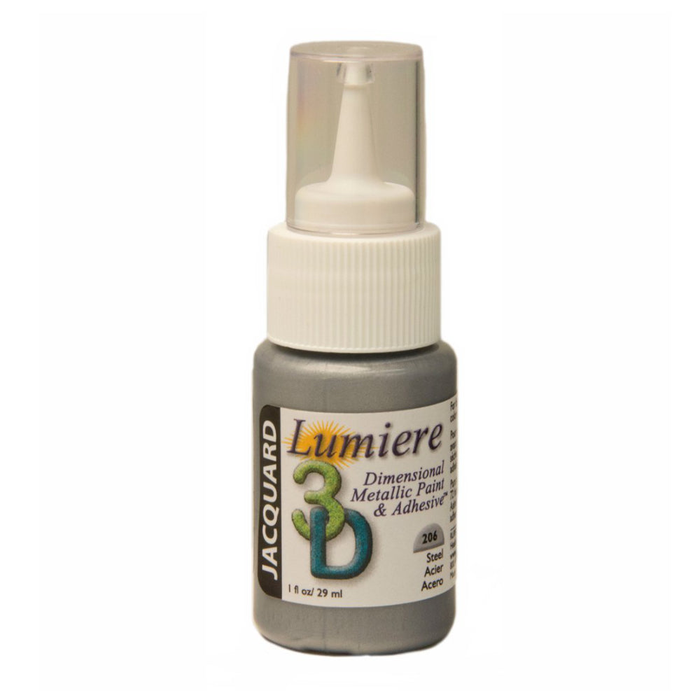 Bottle of Jacquard Lumiere 3D dimensional Steel metallic paint and adhesive on a white background