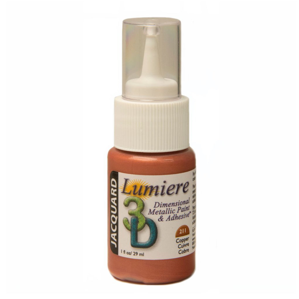 Bottle of Jacquard Lumiere 3D dimensional metallic copper paint and adhesive on a white background