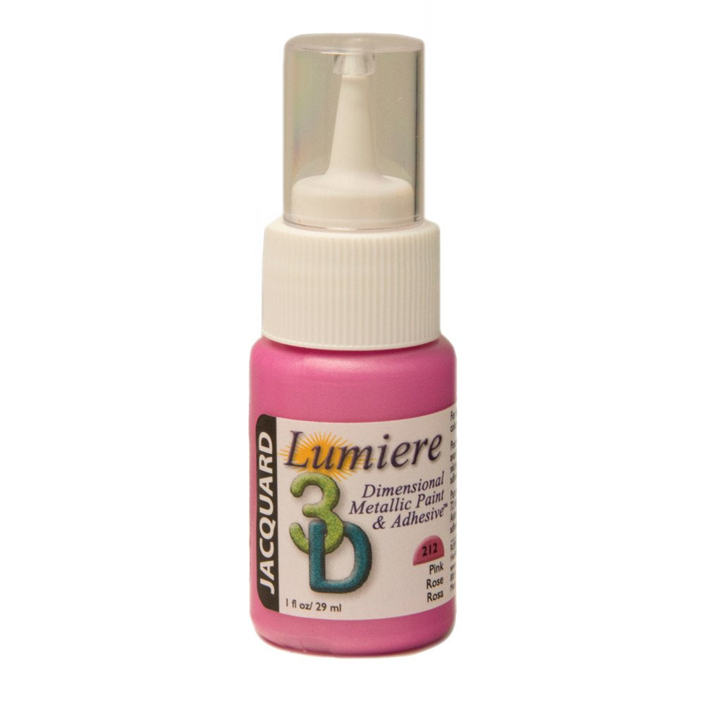 Pink bottle of Jacquard Lumiere Pink 3D dimensional metallic paint and adhesive on a white background