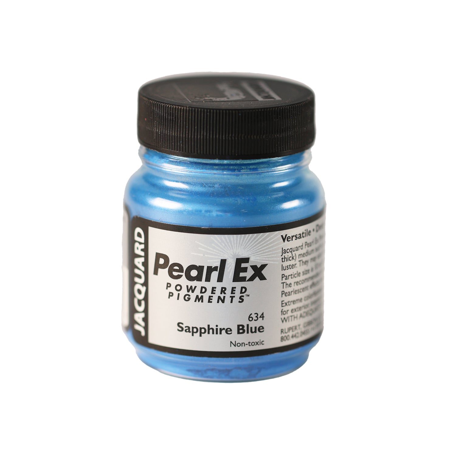 A small container of Jacquard Pearl Ex Powdered Pigments in Sapphire Blue 634