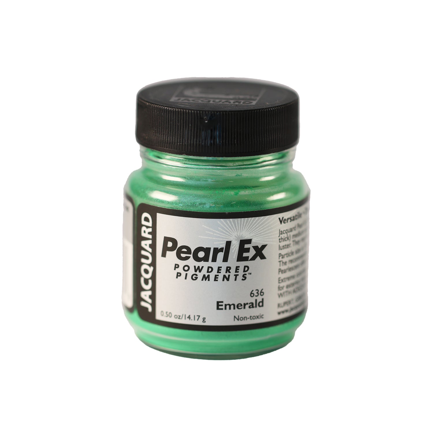 A small container of Jacquard Pearl Ex Powdered Pigments in Emerald 636
