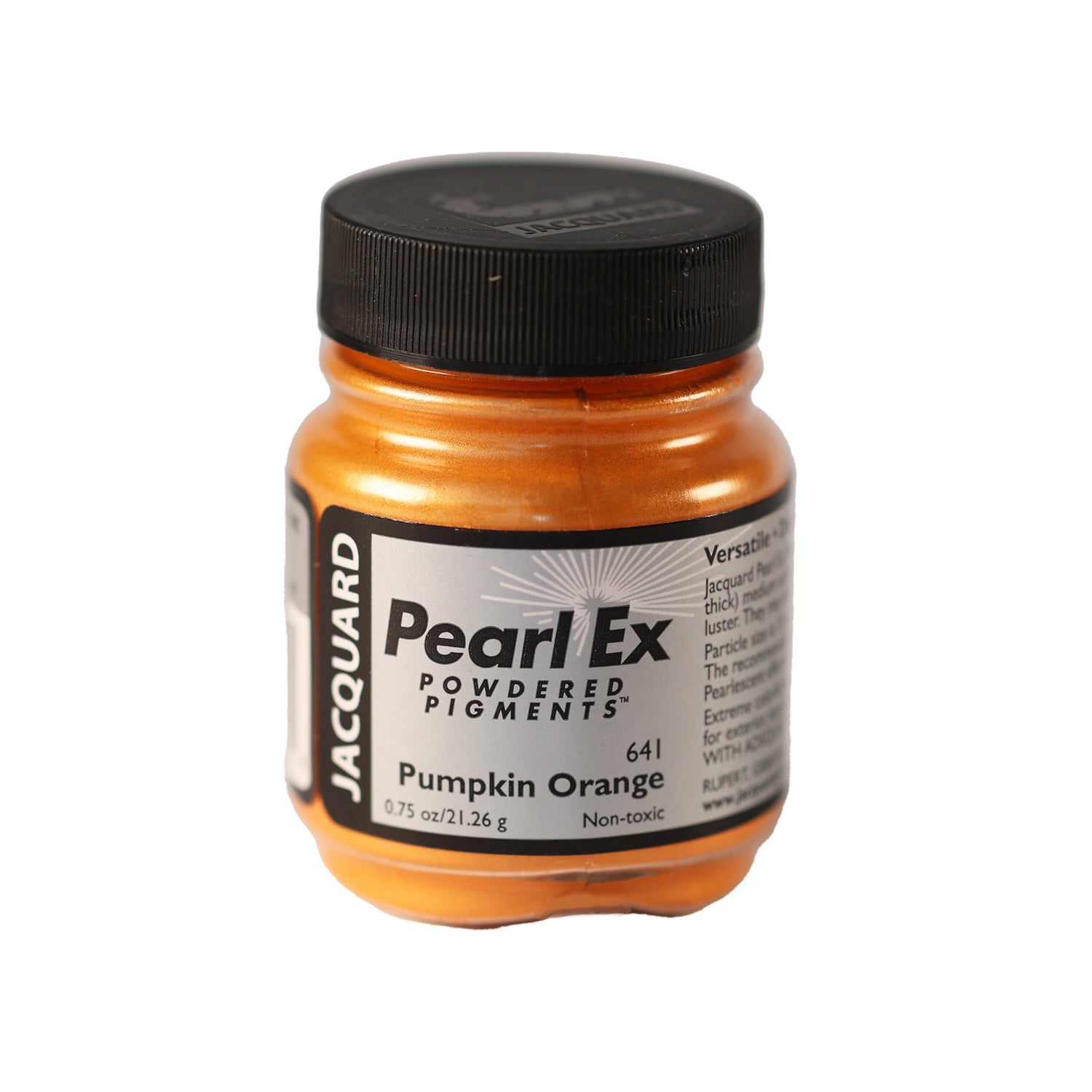 A small container of Jacquard Pearl Ex Powdered Pigments in Pumpkin Orange 641