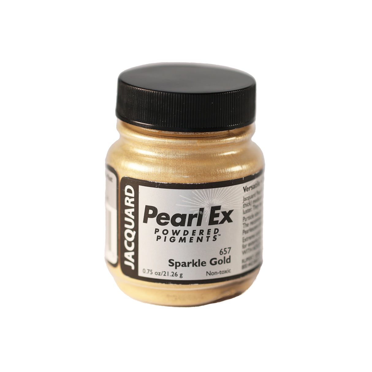 A small container of Jacquard Pearl Ex Powdered Pigments in Sparkle Gold 657.
