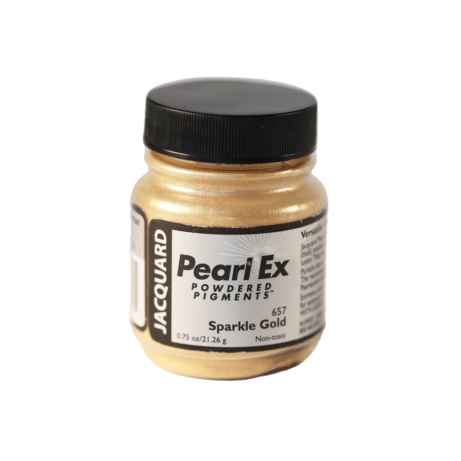 A small container of Jacquard Pearl Ex Powdered Pigments in Sparkle Gold 657.