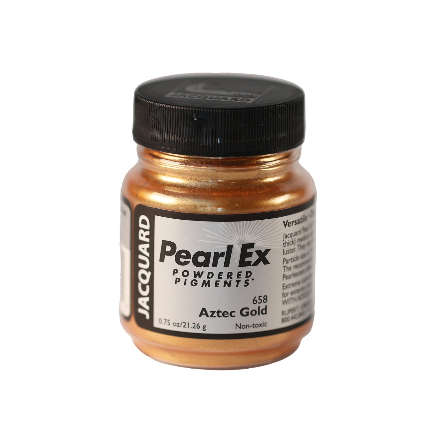 A small container of Jacquard Pearl Ex Powdered Pigments in Aztec Gold 658.