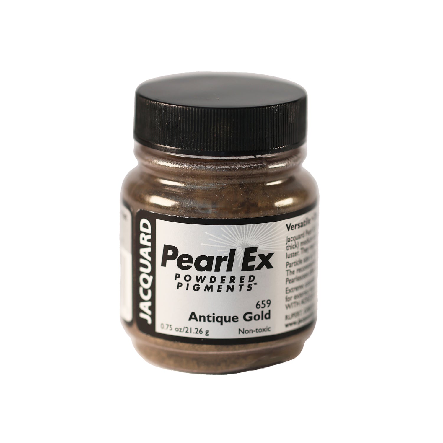 A small container of Jacquard Pearl Ex Powdered Pigments in Antique Gold 659.