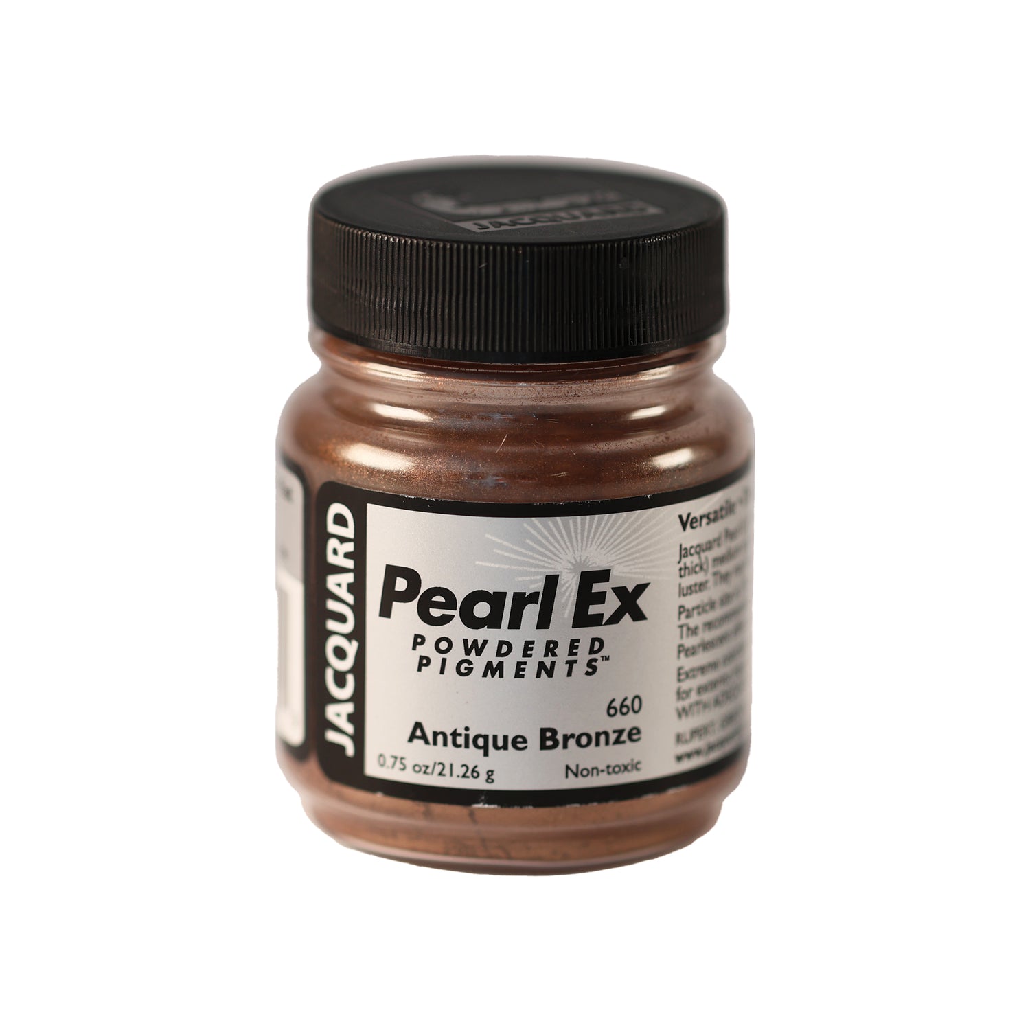 A small container of Jacquard Pearl Ex Powdered Pigments in Antique Bronze 660.