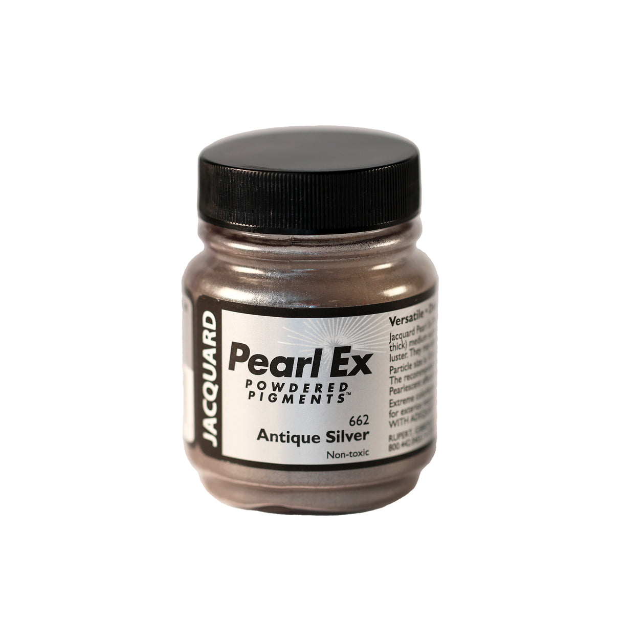 A small container of Jacquard Pearl Ex Powdered Pigments in Antique Silver 662.