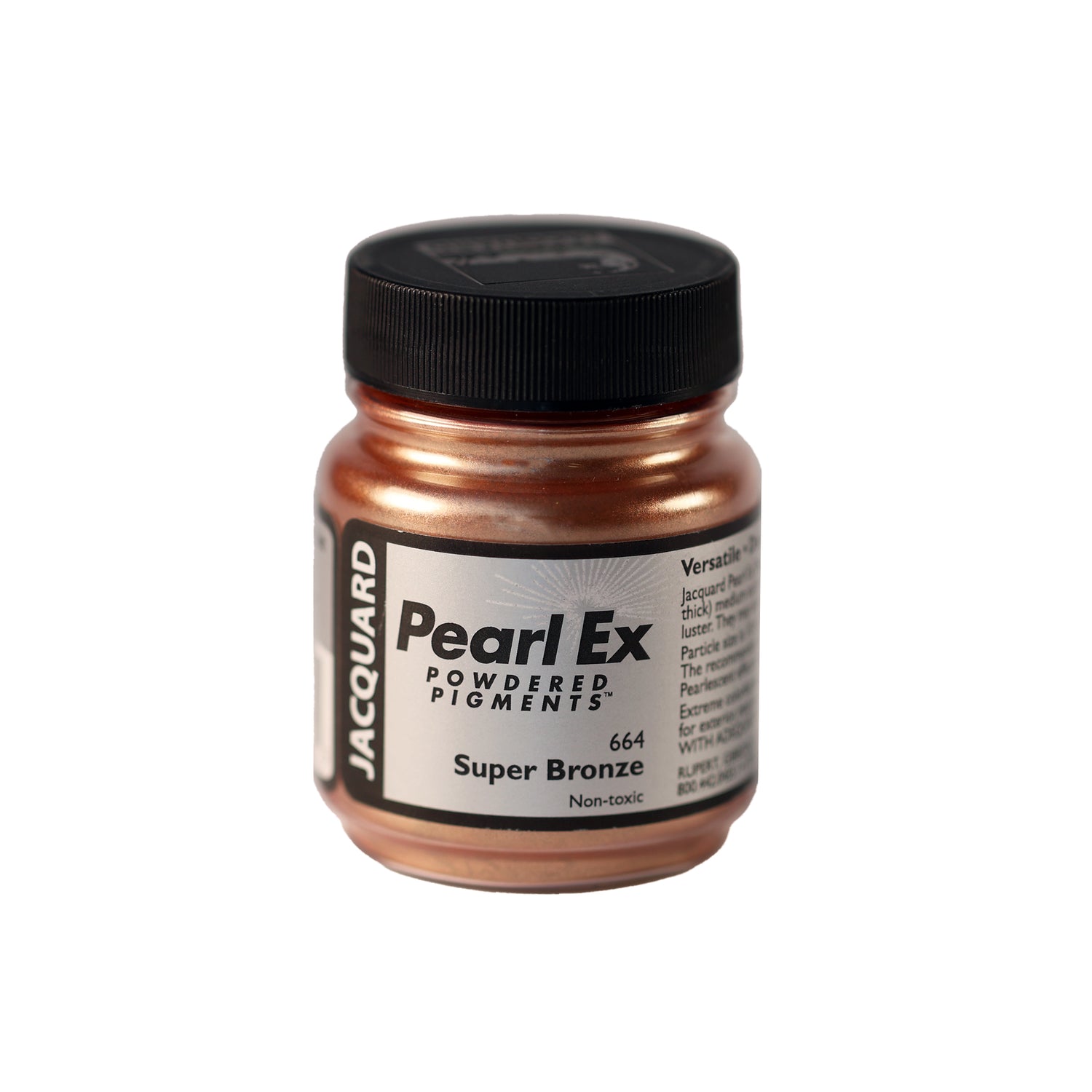 A small container of Jacquard Pearl Ex Powdered Pigments in Super bronze 664.