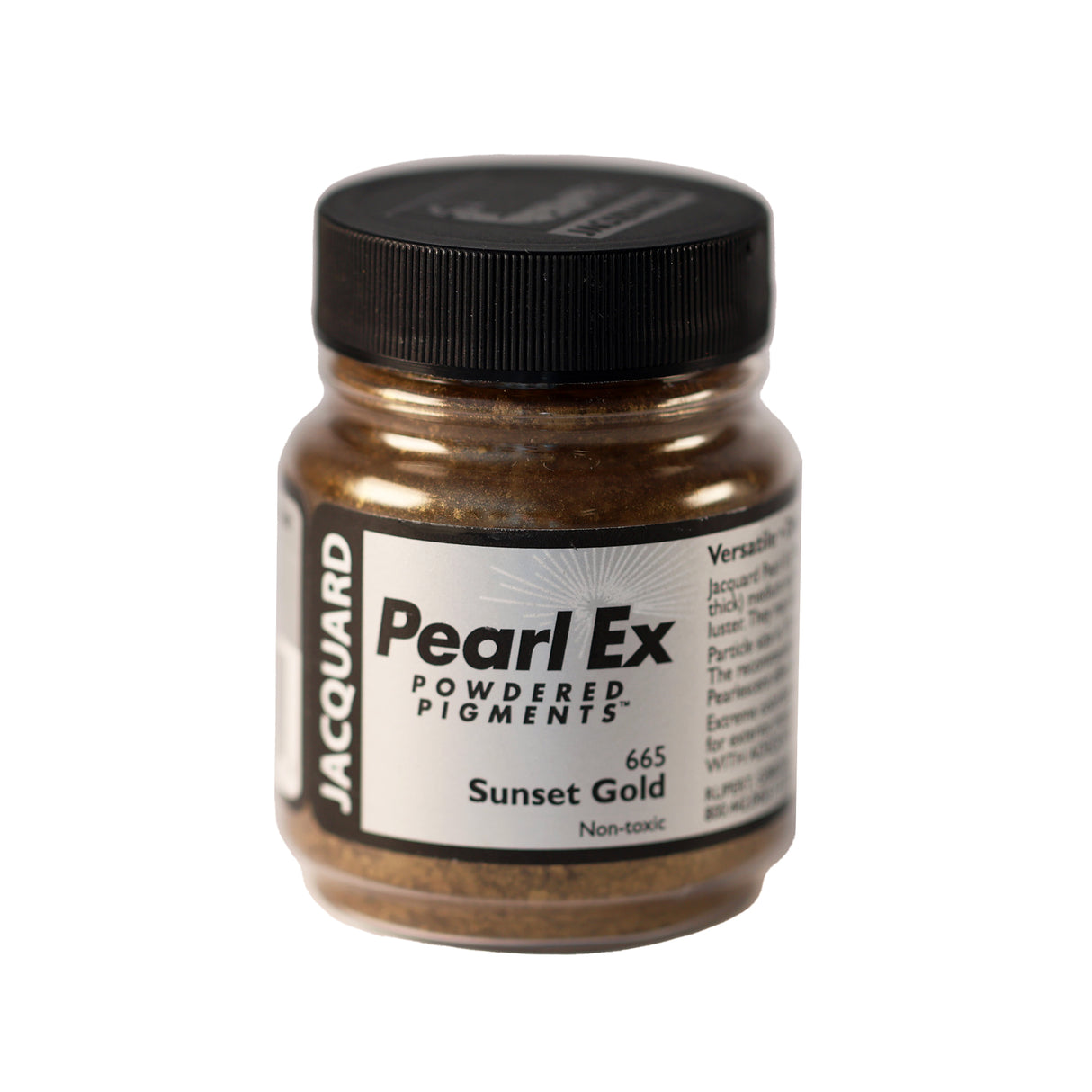 A small container of Jacquard Pearl Ex Powdered Pigments in Sunset Gold 665.