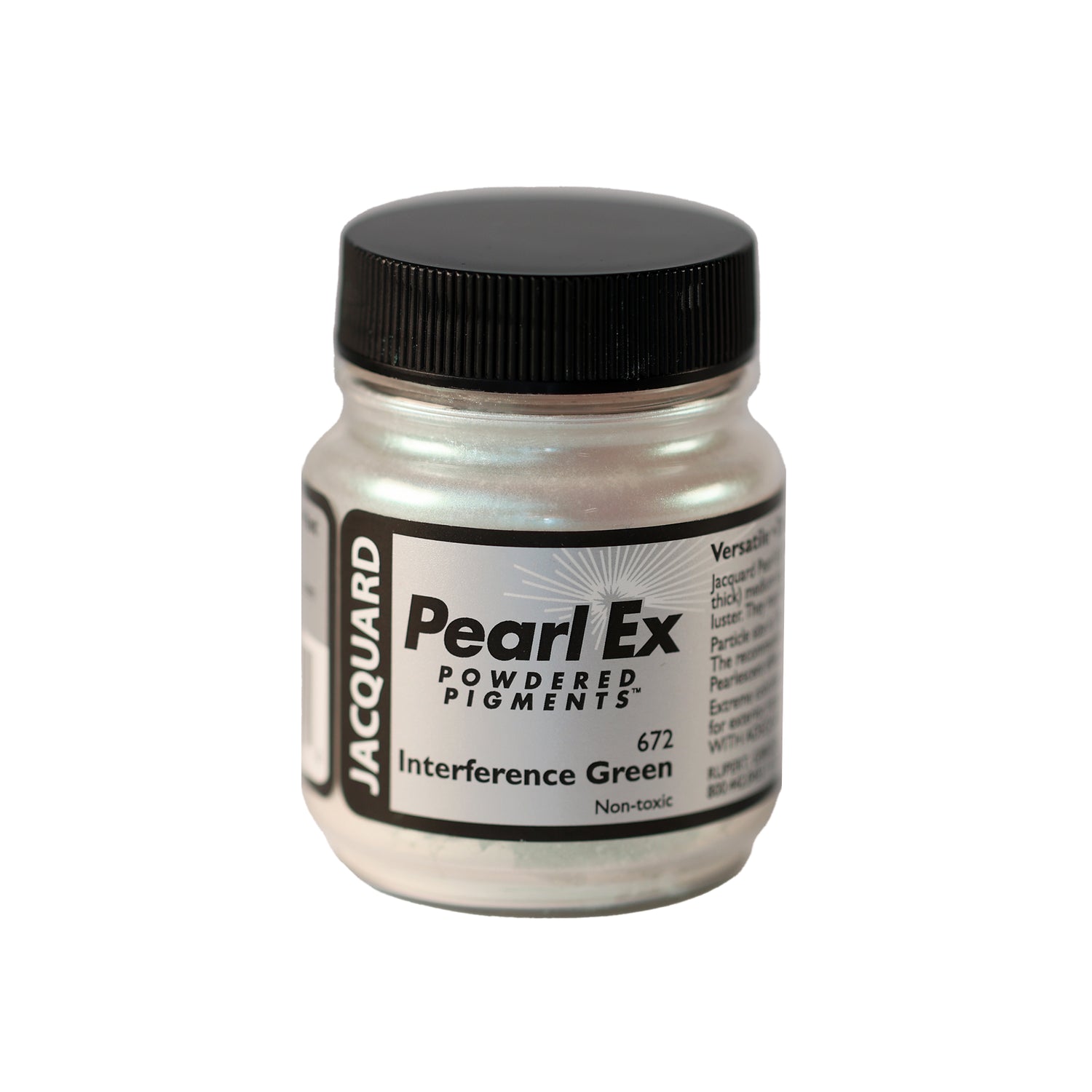 A small container of Jacquard Pearl Ex Powdered Pigments in Interference Green 672
