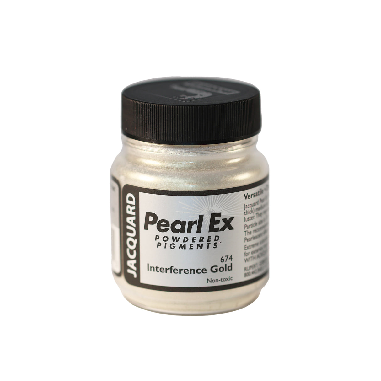 A small container of Jacquard Pearl Ex Powdered Pigments in Interference Gold 674