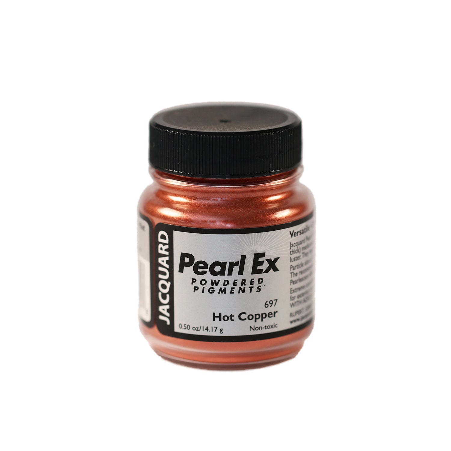 A small container of Jacquard Pearl Ex Powdered Pigments in Hot Copper 697 colour.