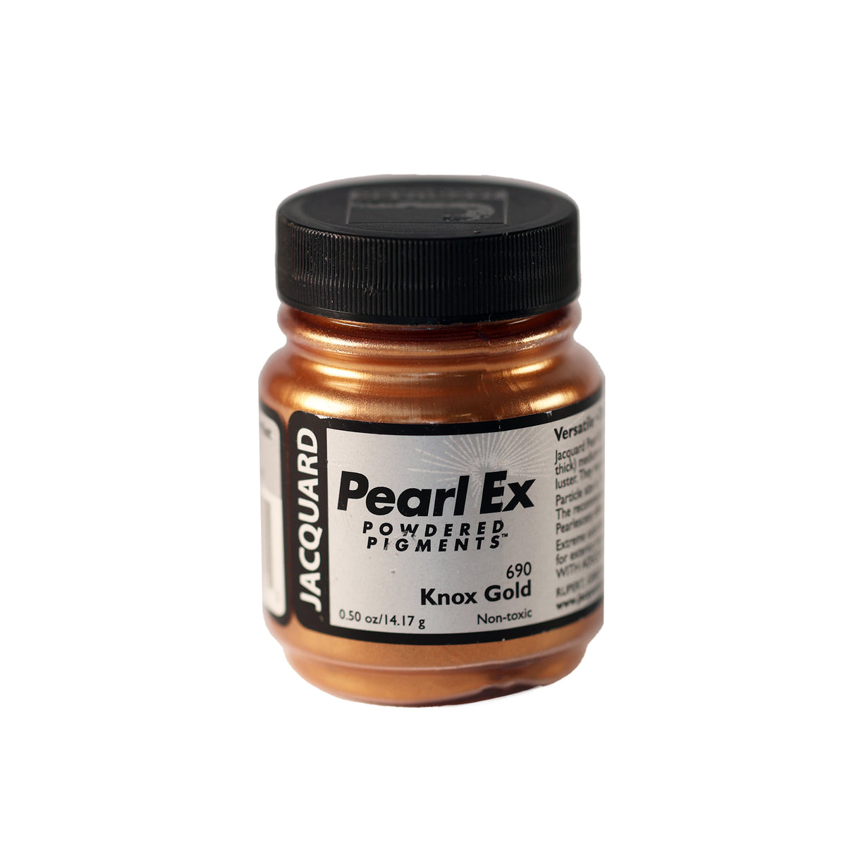 A small container of Jacquard Pearl Ex Powdered Pigments in Knox Gold 690.