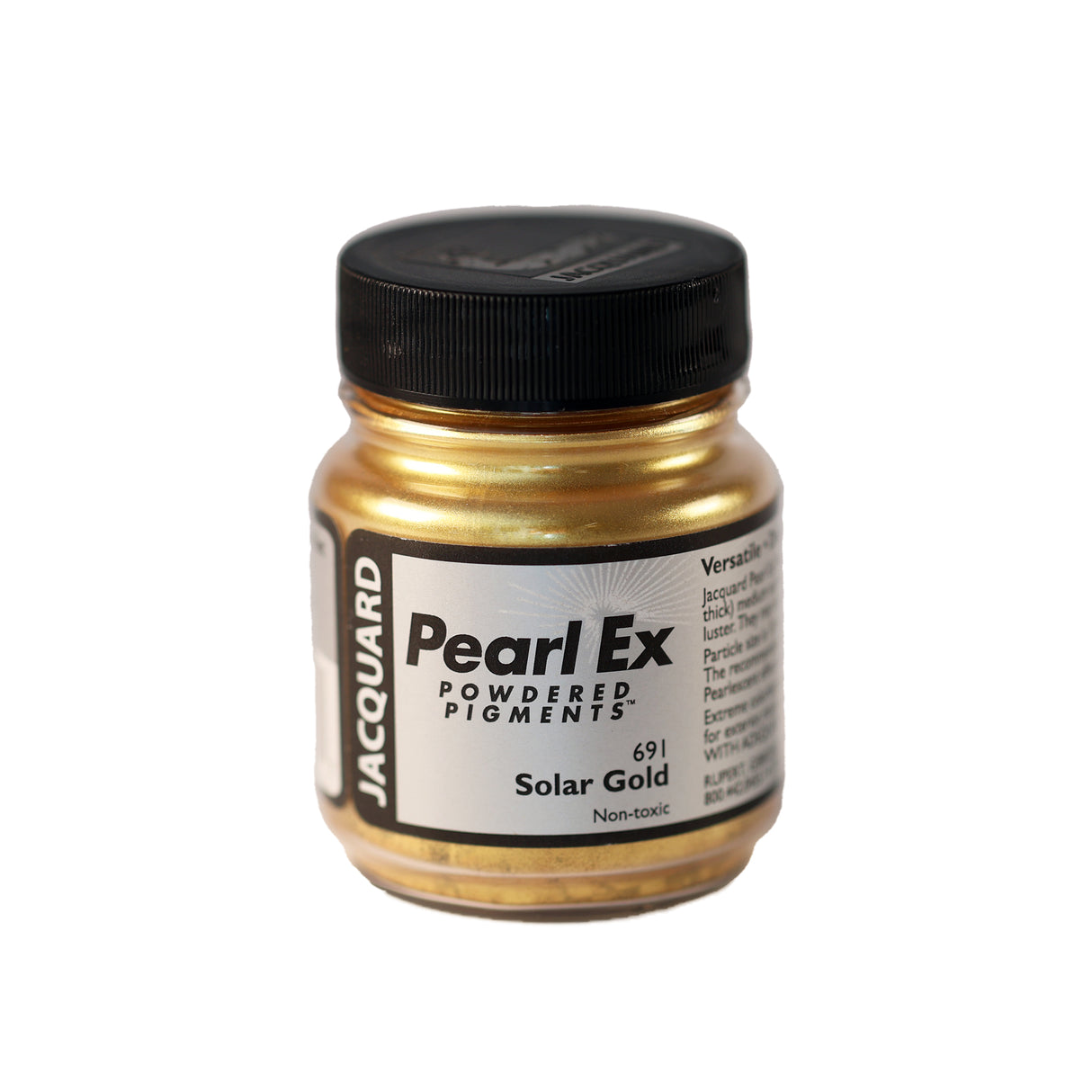 A small container of Jacquard Pearl Ex Powdered Pigments in Solar Gold 691 colour.