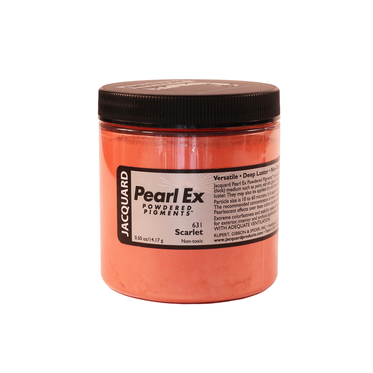 A jar of Jacquard Pearl Ex Mica Powder Pigment 631 Scarlet colour 14 grams