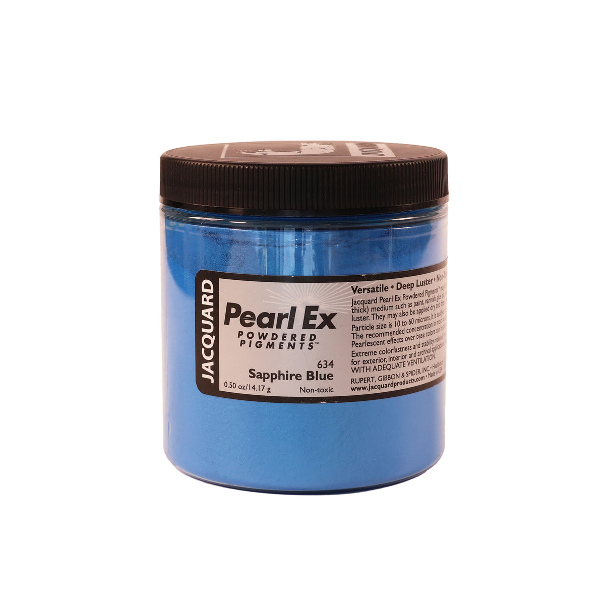 A jar of Jacquard Pearl Ex Mica Powder Pigment 634 Sapphire Blue colour 14 grams