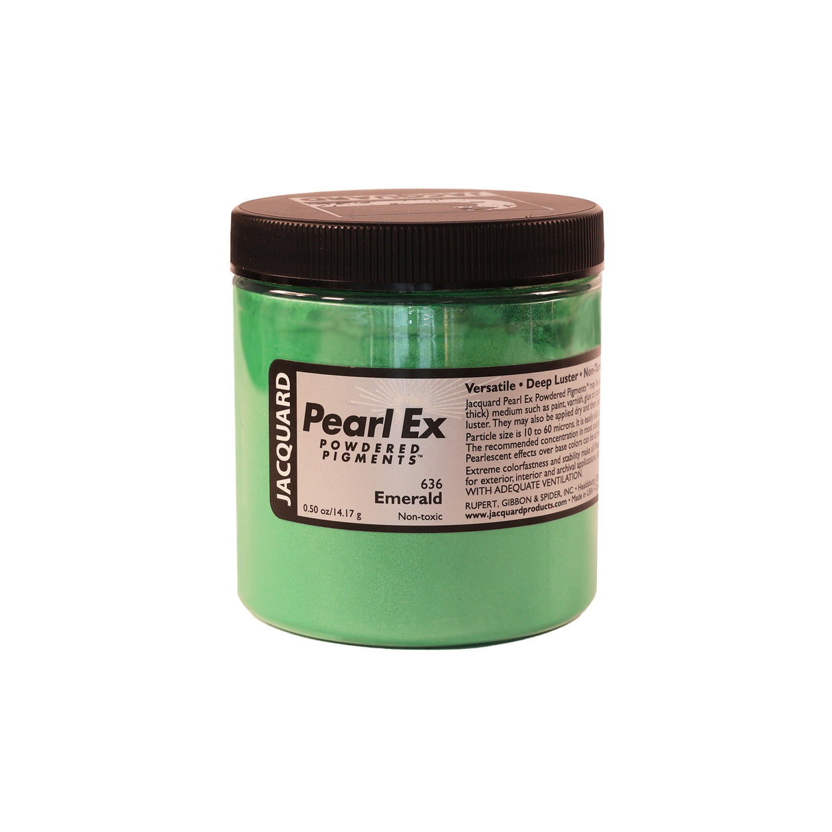 A jar of Jacquard Pearl Ex Mica Powder Pigment 636 Emerald colour 14 grams