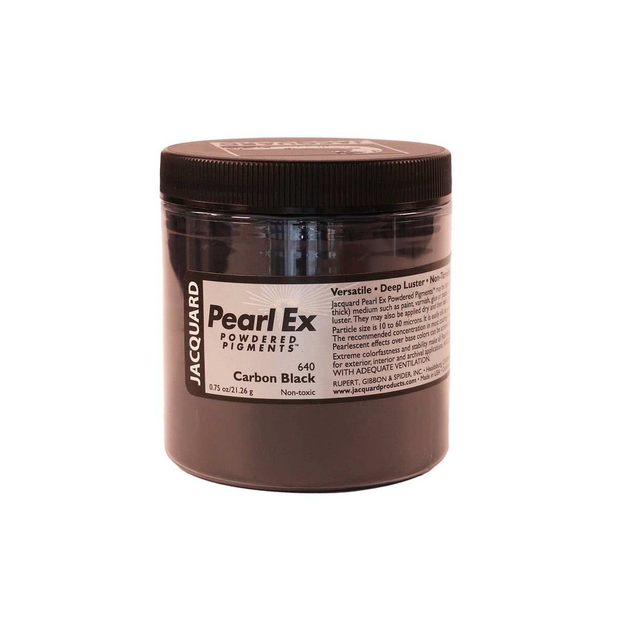 A jar of Jacquard Pearl Ex Mica Powder Pigment 640 Carbon Black colour 21 grams.