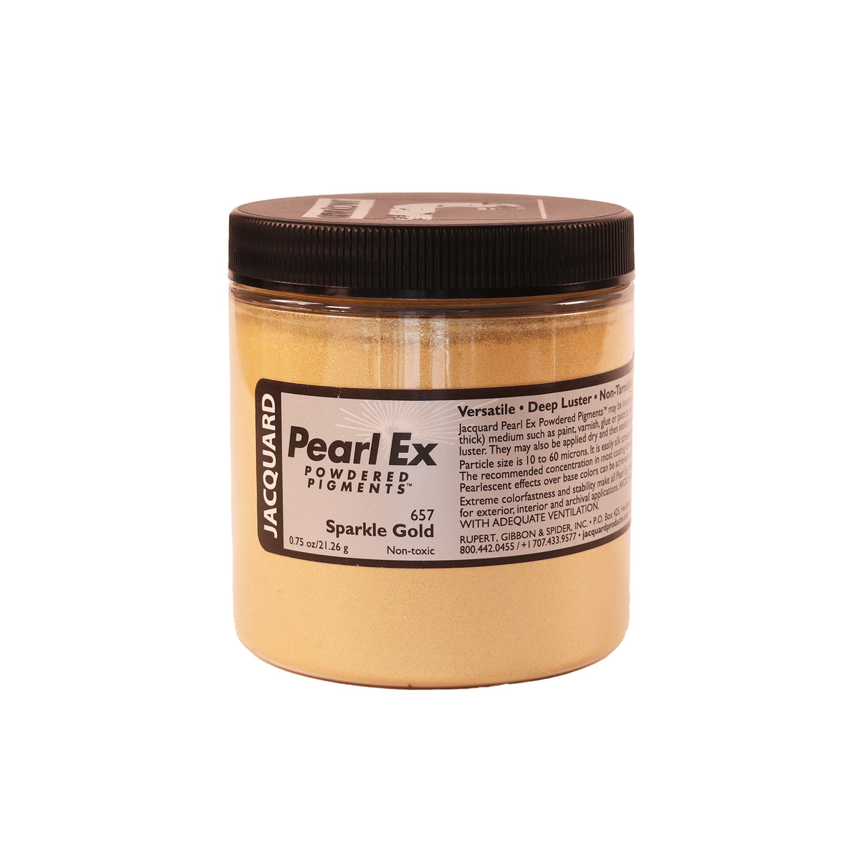 A jar of Jacquard Pearl Ex Mica Powder Pigment 657 Sparkle Gold 21 grams