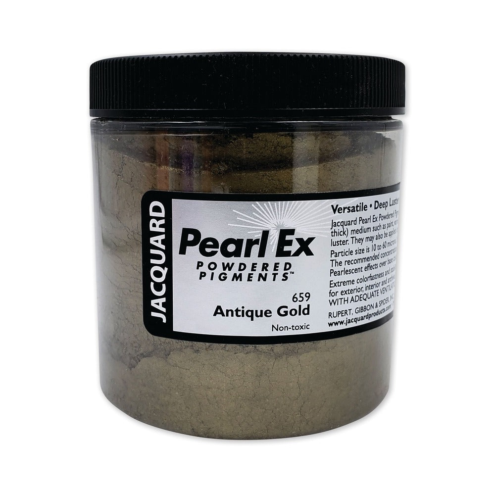 A jar of Jacquard Pearl Ex Mica Powder Pigment 659 Antique Gold colour.