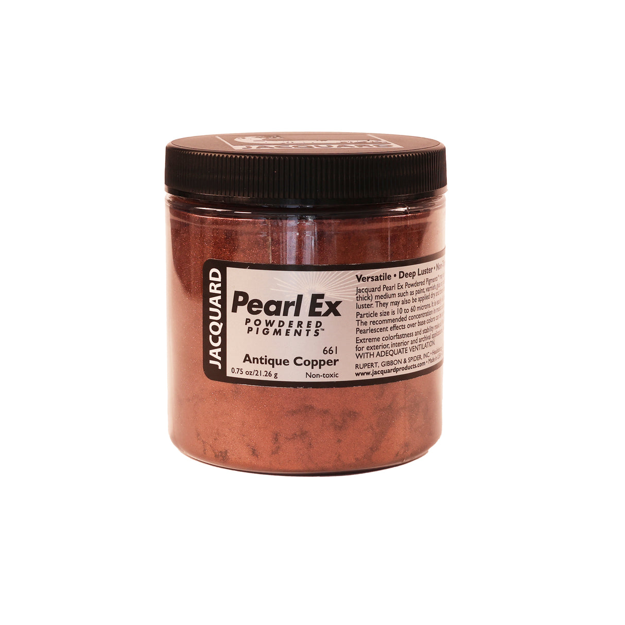 A jar of Jacquard Pearl Ex Mica Powder Pigment 661 Antique Copper 21 grams