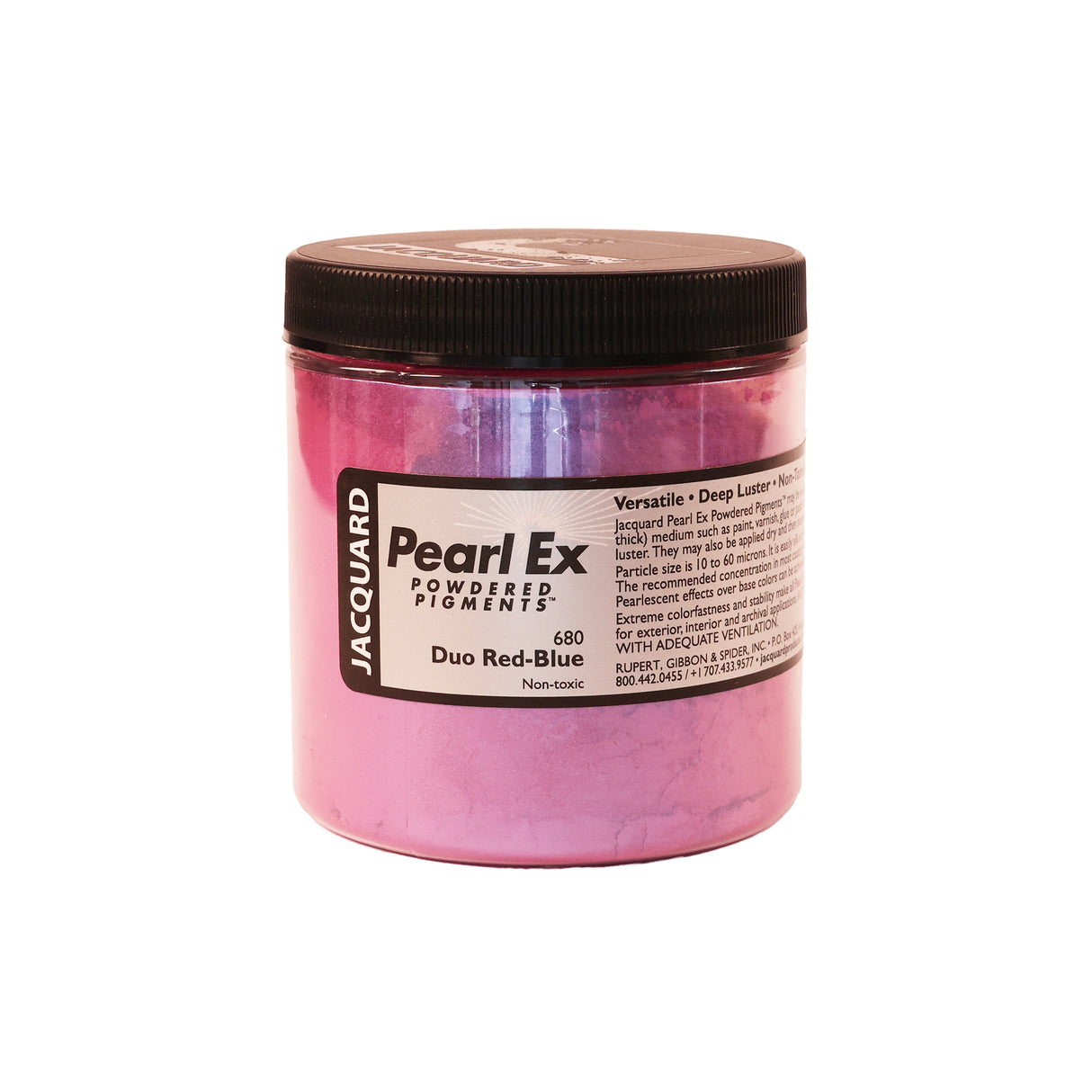 A jar of Jacquard Pearl Ex Mica Powder Pigment 680 Duo Red-Blue colour
