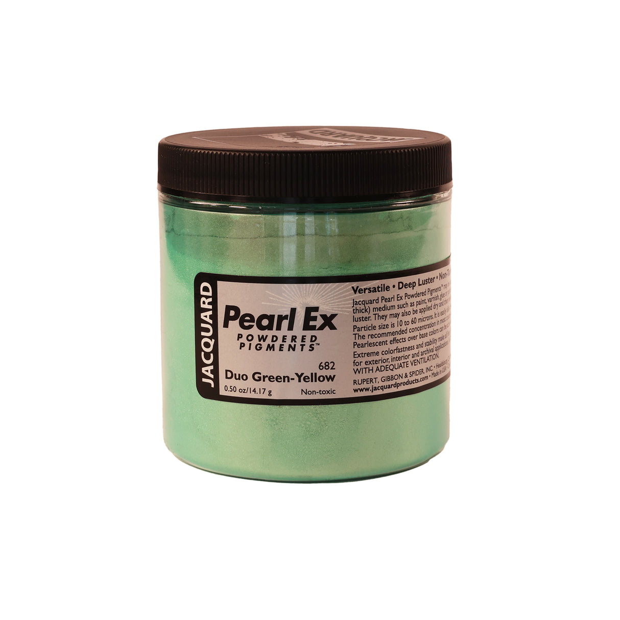 A jar of Jacquard Pearl Ex Mica Powder Pigment 682 Duo Green-Yellow colour 14 grams