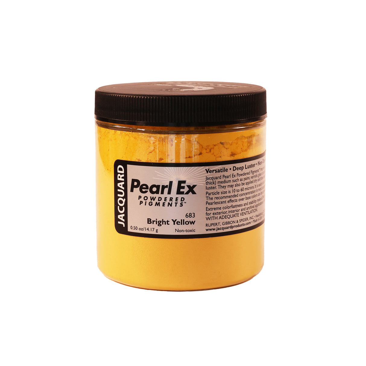 A jar of Jacquard Pearl Ex Mica Powder Pigment 683 Bright Yellow colour 14 grams