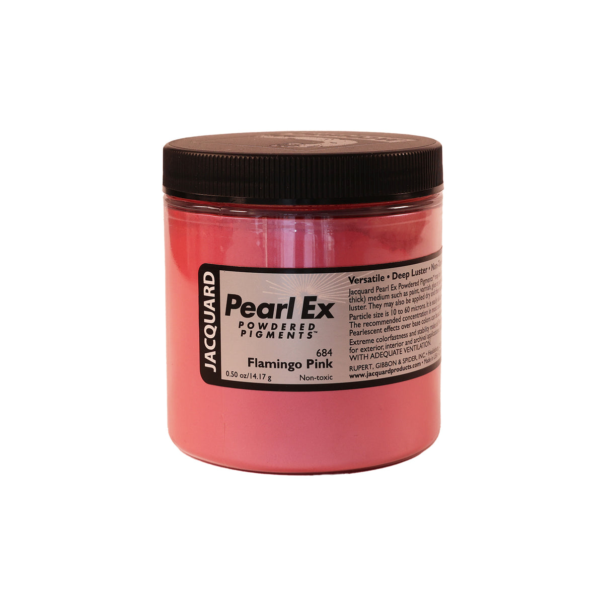 A jar of Jacquard Pearl Ex Mica Powder Pigment 684 Flamingo Pink colour 14 grams