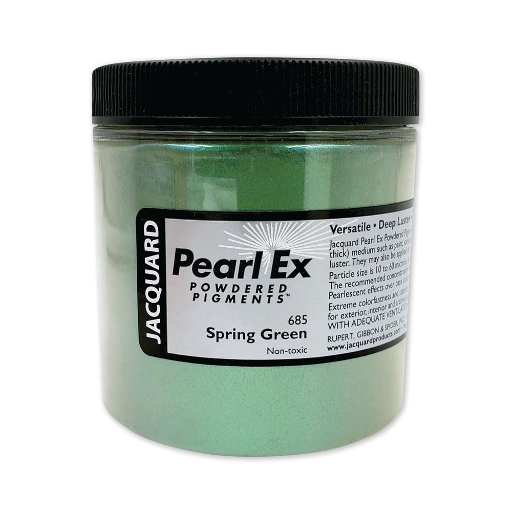 A jar of Jacquard Pearl Ex Mica Powder Pigment 685 Spring Green colour.
