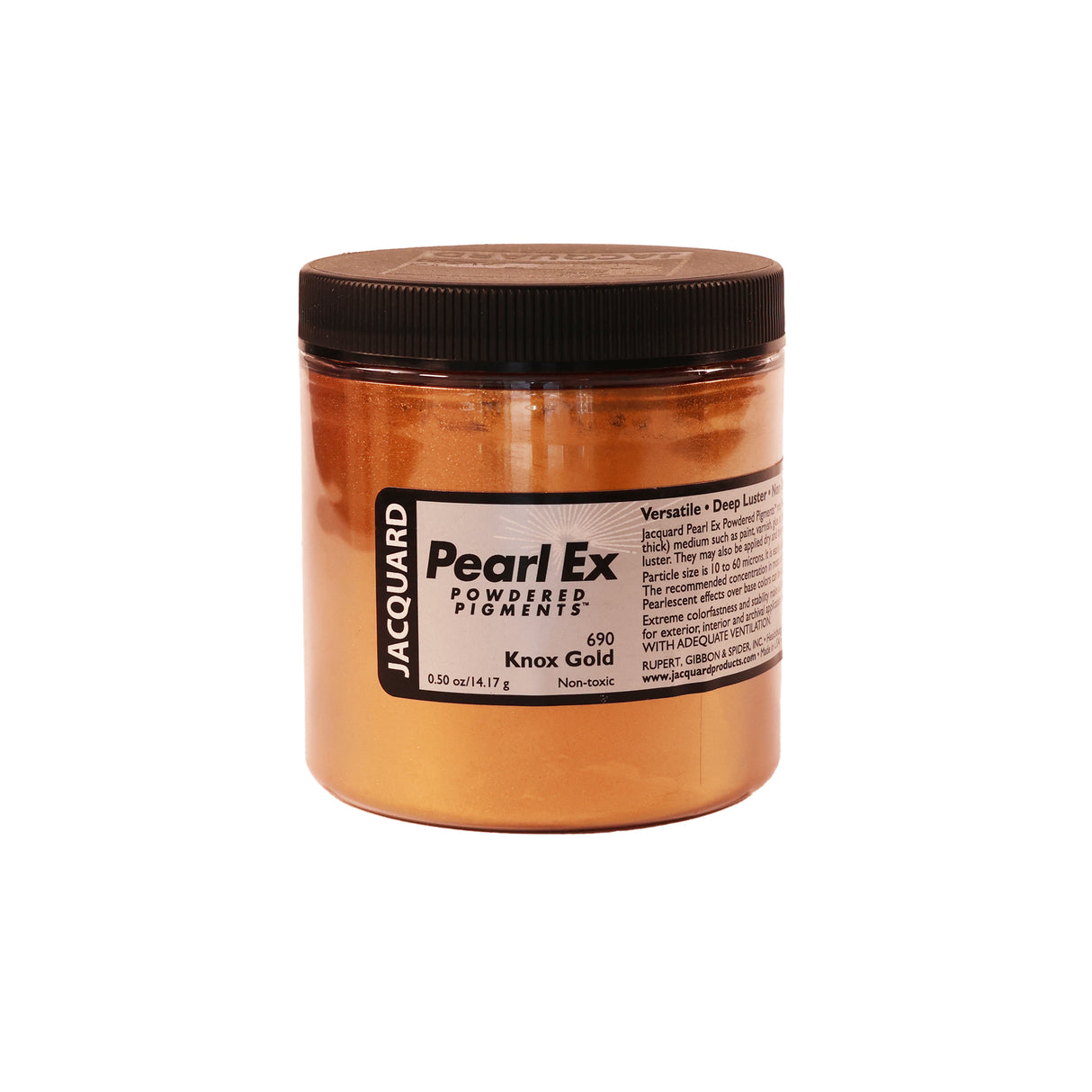 A jar of Jacquard Pearl Ex Mica Powder Pigment 690 Knox Gold colour 14 grams